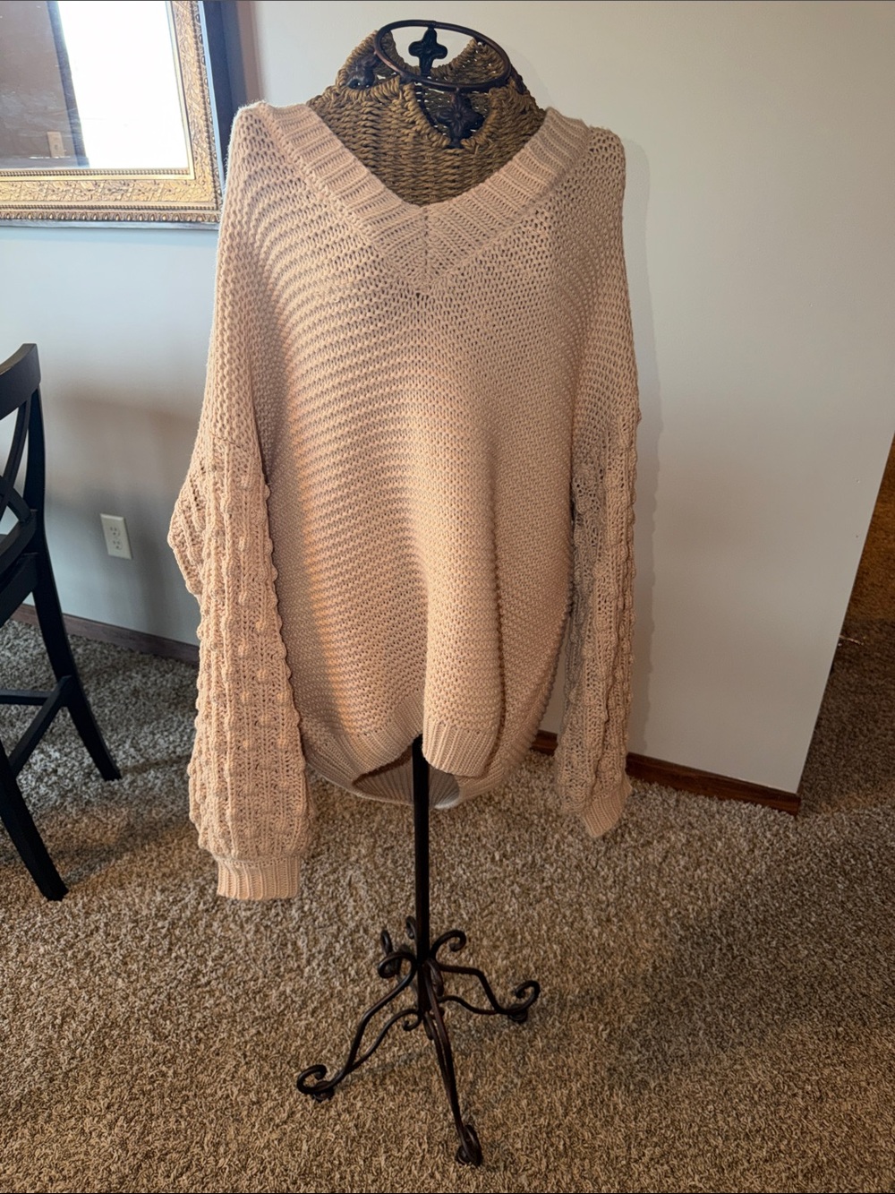 Blu Pepper Cream V-Neck Sweater with Textured Cable Sleeves